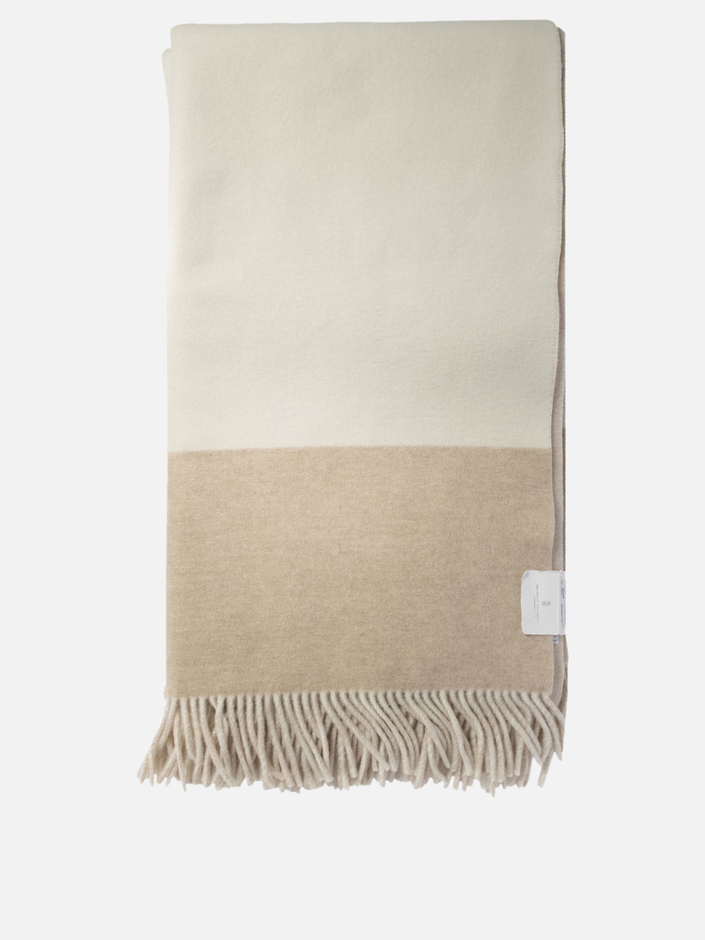 Brunello Cucinelli Cashmere double cloth throw with border and fringe Beige